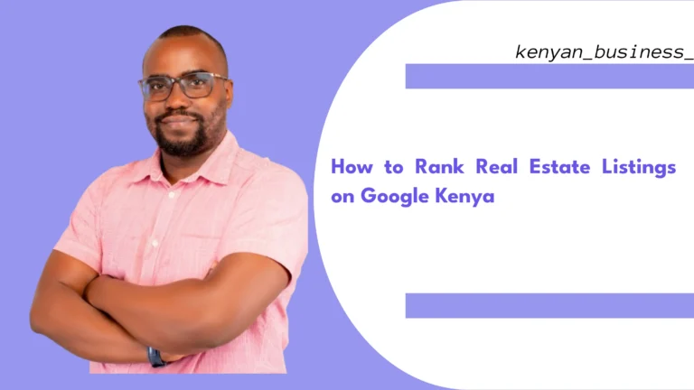 A laptop screen showing a Google search results page with a real estate listing prominently displayed at the top, featuring a property image, address, and contact information. The background shows a Nairobi skyline with modern apartment buildings. This represents how SEO optimization makes Kenyan property listings visible to buyers searching on Google.