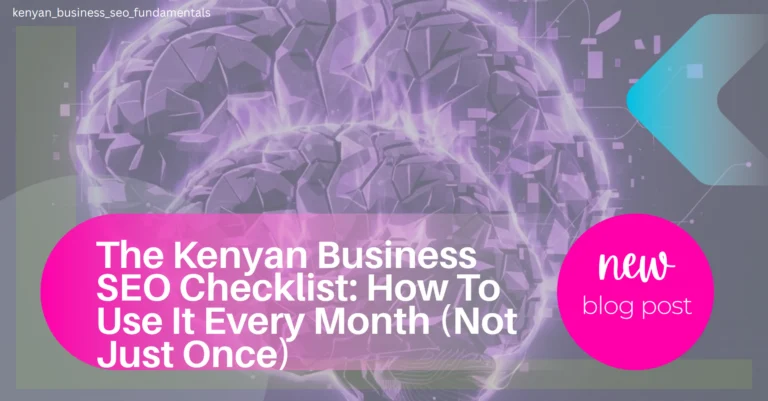 Nairobi business owner reviewing monthly SEO checklist on laptop with Google Search Console dashboard visible, showing organic traffic growth charts and keyword rankings for Kenyan market, coffee shop or modern office setting representing consistent monthly SEO maintenance routine that drives sustained ranking improvements