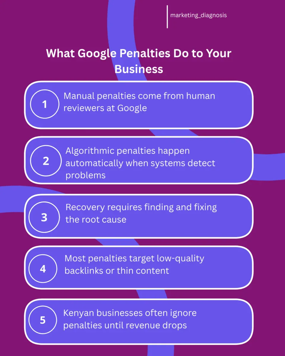 Infographic illustrating the two types of Google penalties affecting Kenyan businesses: manual penalties (where a Google team member reviews and penalizes your site, sending a notification through Search Console) and algorithmic penalties (where Google's automated systems detect violations and suppress rankings without human review). The visual shows common triggers including purchased backlinks, thin content, keyword stuffing, cloaking, and private blog networks. Designed for Nairobi business owners to understand penalty mechanics and prevention strategies before their organic traffic disappears.
