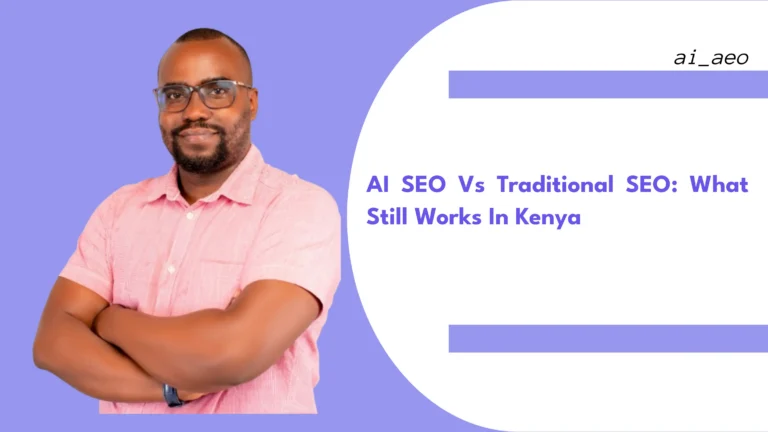 A Nairobi small business owner looking at a laptop showing a Google search results page split between a traditional blue-link listing and an AI-generated answer box, representing the shift in Kenyan search behavior discussed in the AI SEO vs traditional SEO article.