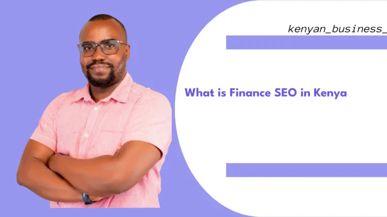 A Kenyan business owner sitting at a desk with a laptop, viewing Google search results for financial services. Charts showing search traffic growth are visible on the screen. The image represents how Finance SEO helps Kenyan financial businesses attract customers through organic search.