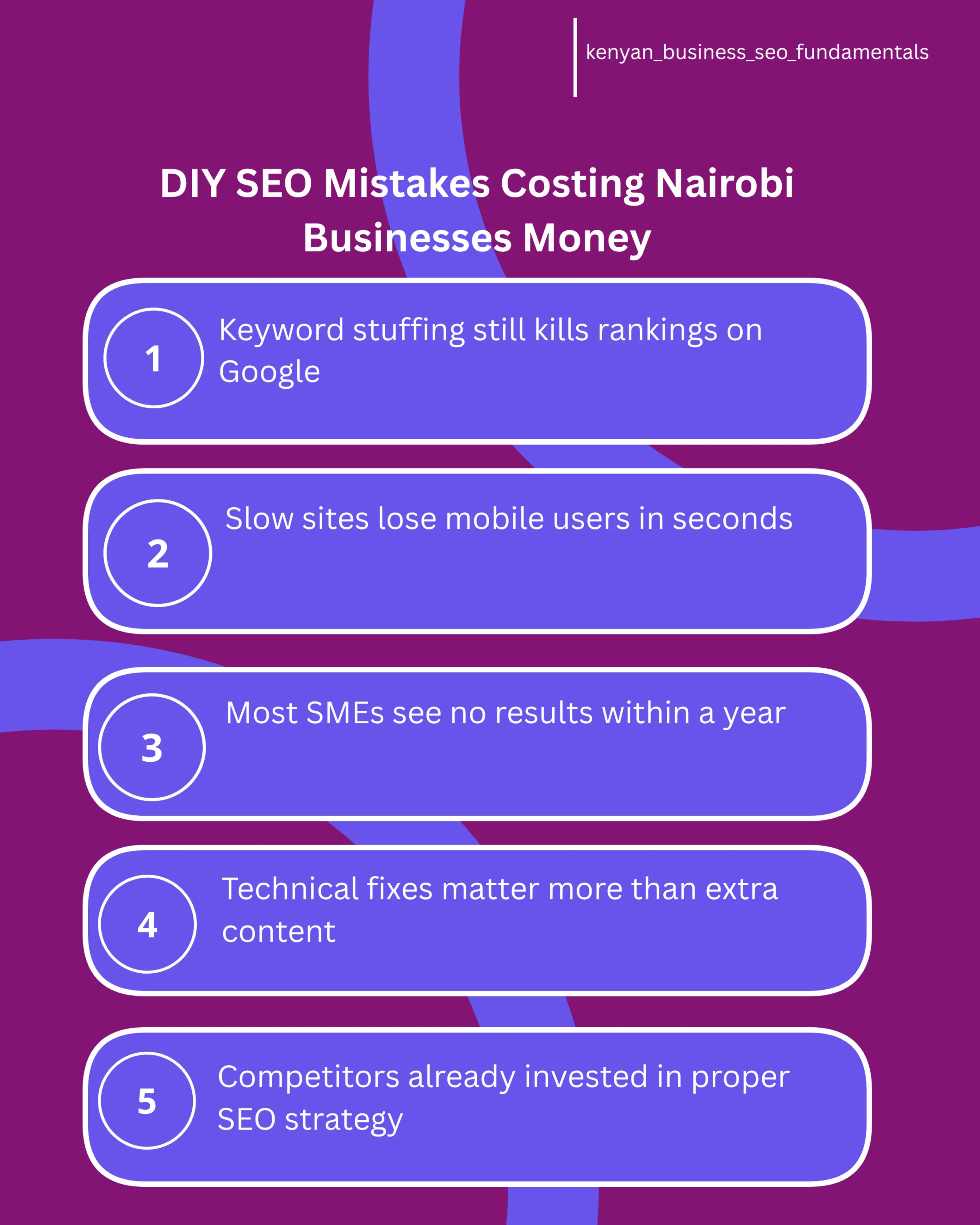 An infographic listing five common DIY SEO mistakes made by Kenyan business owners, including keyword stuffing, slow site speed, poor mobile experience, missing technical fixes, and underestimating competitor investment, styled with clean icons and a Kenya-themed color palette of green, red, and black.