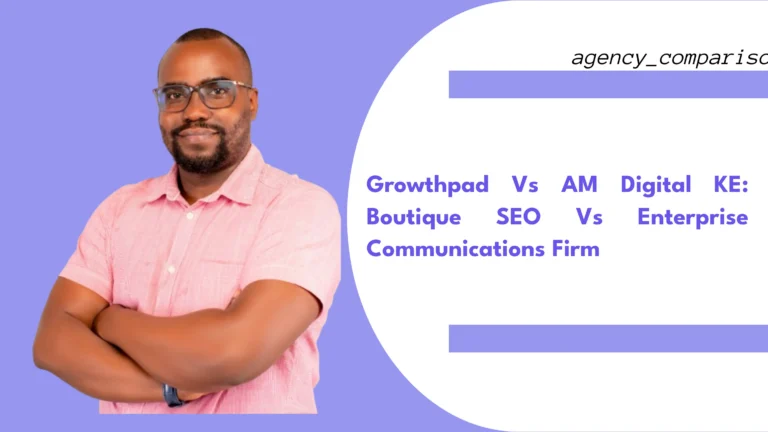 A split-screen style image showing a busy Nairobi office with multiple service icons like PR, video, and events on one side, and a focused SEO dashboard with Kenyan search terms and a rising traffic graph on the other, representing the contrast between a generalist firm and a specialist agency.