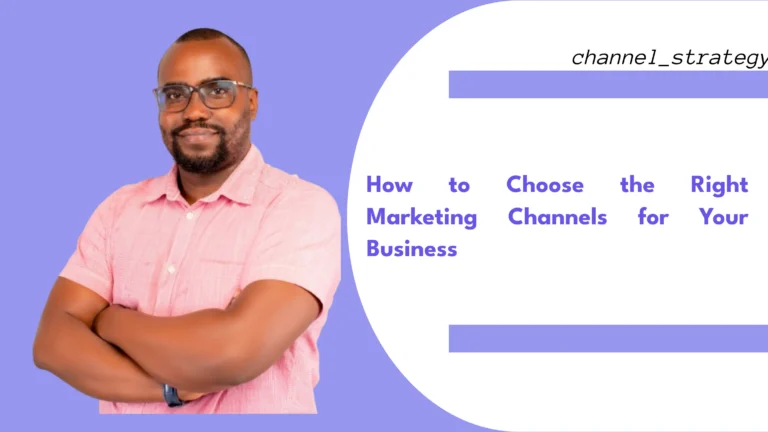 A Kenyan business owner at a desk reviewing marketing channel performance data on a laptop, with icons representing different channels like Facebook, Google, Instagram, and email displayed on the screen. The scene represents strategic decision-making for channel selection.