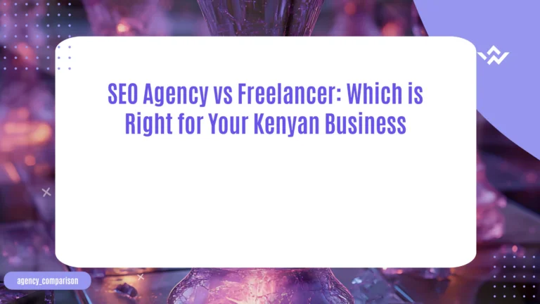 A split-screen comparison showing a professional SEO agency team working at desks with multiple monitors and project management tools on one side, and a freelance SEO specialist working independently at a laptop on the other side. The image represents the choice Kenyan business owners face when hiring for SEO services.