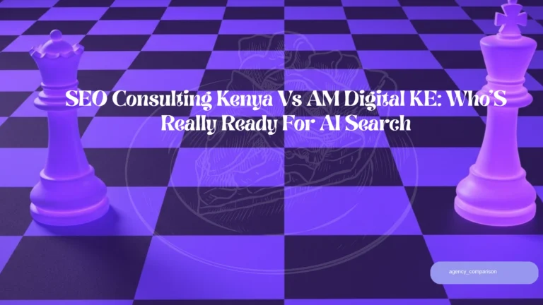 A split-screen style graphic showing two Nairobi business owners comparing SEO agency proposals on a laptop, one side labeled claimed results and the other labeled published proof, representing the choice between SEO Consulting Kenya and AM Digital KE for AI search readiness.