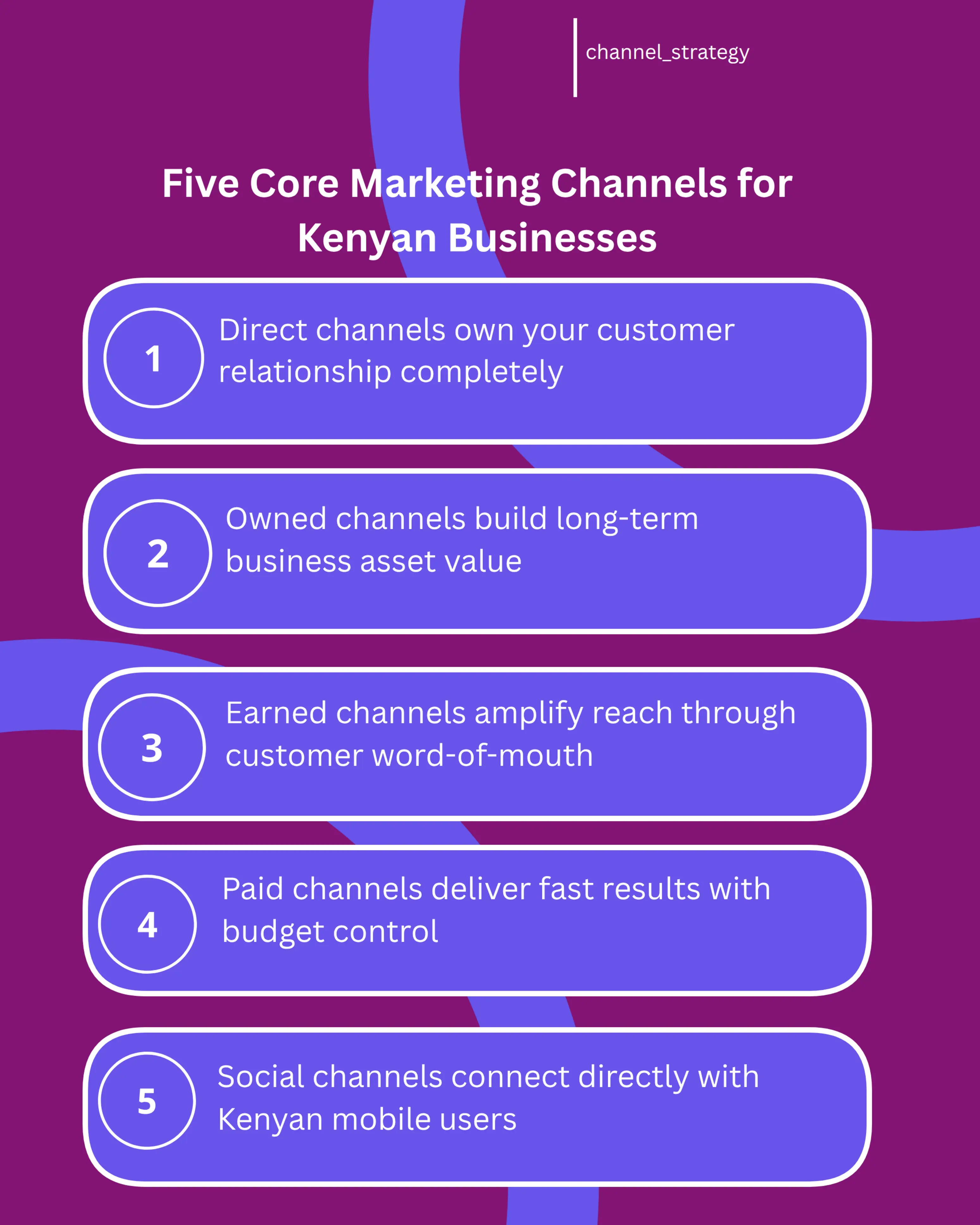 An infographic displaying the five primary marketing channels for Kenyan SMEs: direct channels like email and SMS, owned channels like websites and blogs, earned channels like customer reviews and referrals, paid channels like Google Ads and Facebook advertising, and social channels like WhatsApp and Instagram, with icons and descriptions for each.